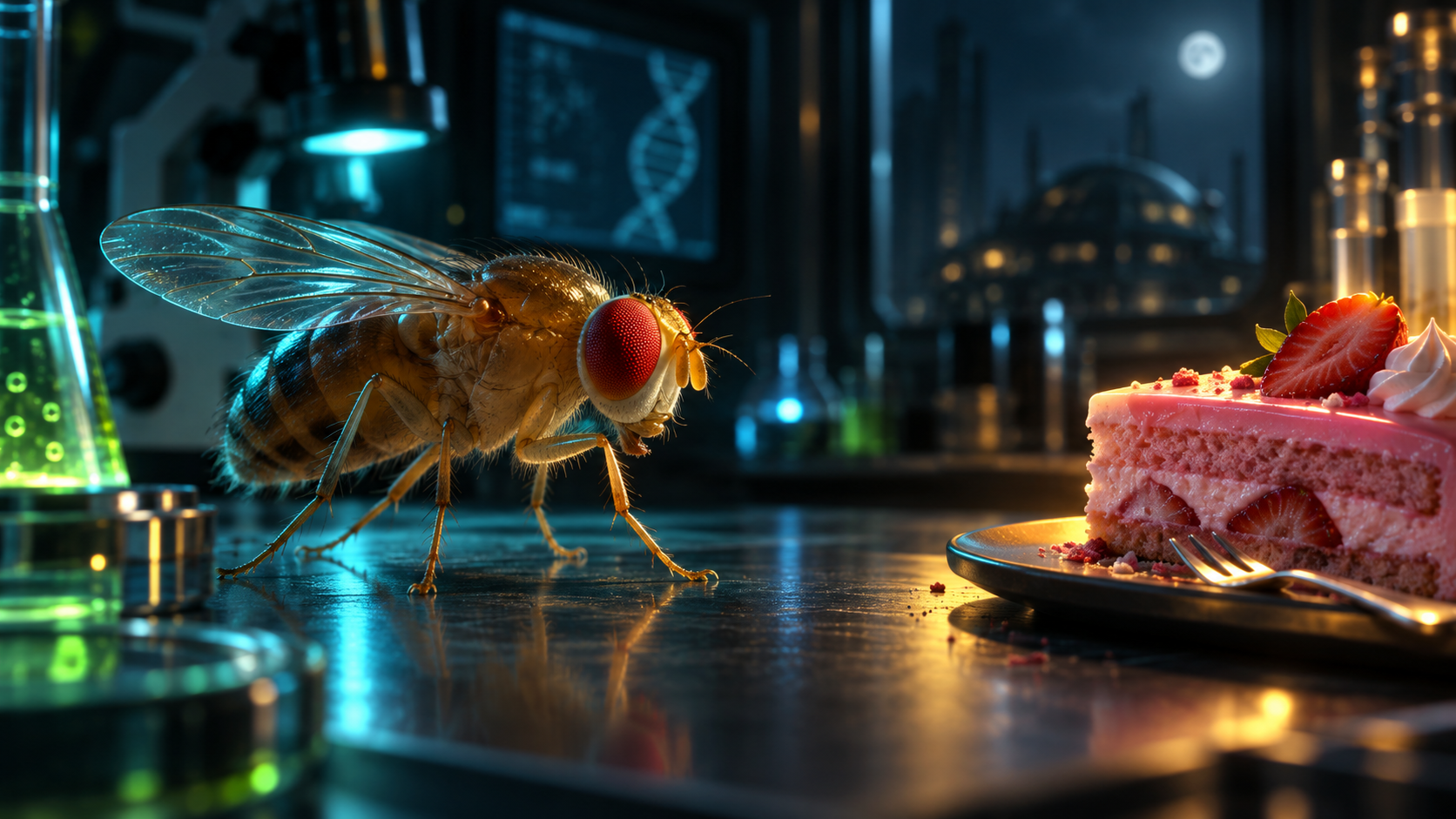 A fruit fly notices a slice of strawberry cake in a laboratory